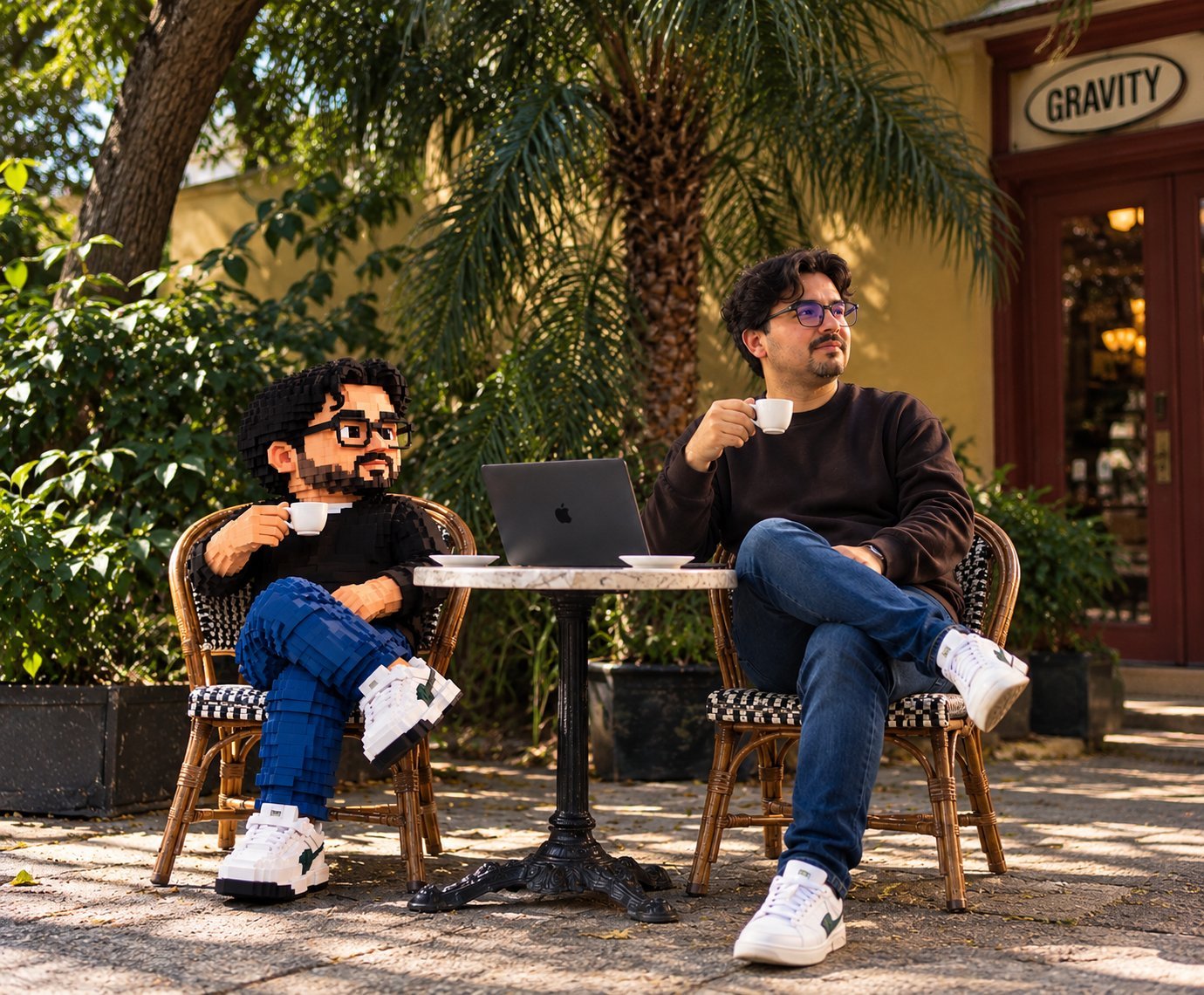 Alcides Gabriel tomando um café diante de um notebook, ao lado do seu avatar em blocos: organizar o atendimento antes de aumentar o volume de leads