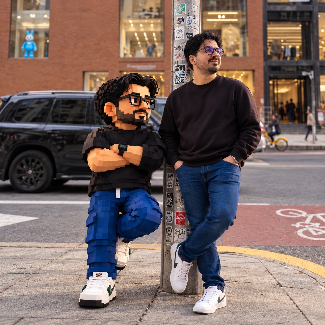 Alcides Gabriel encostado em um poste em uma rua da cidade, ao lado do seu avatar em blocos