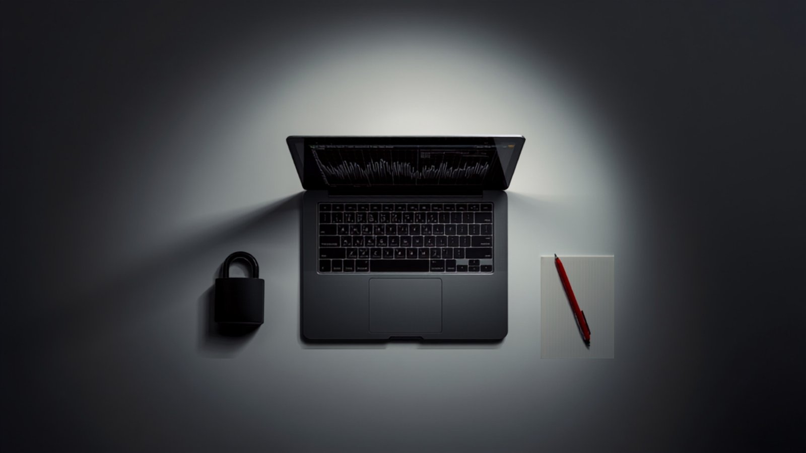 Mesa minimalista com laptop, cadeado e caderno, símbolo das ferramentas essenciais de um negócio digital