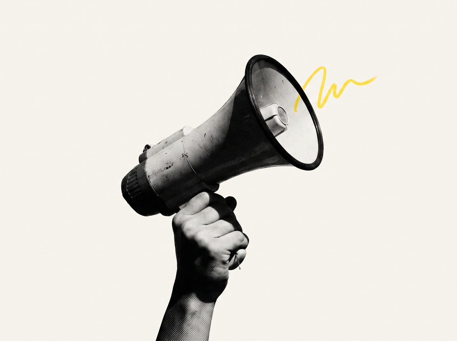 Mão segurando um megafone vintage em preto e branco, com um traço amarelo de destaque