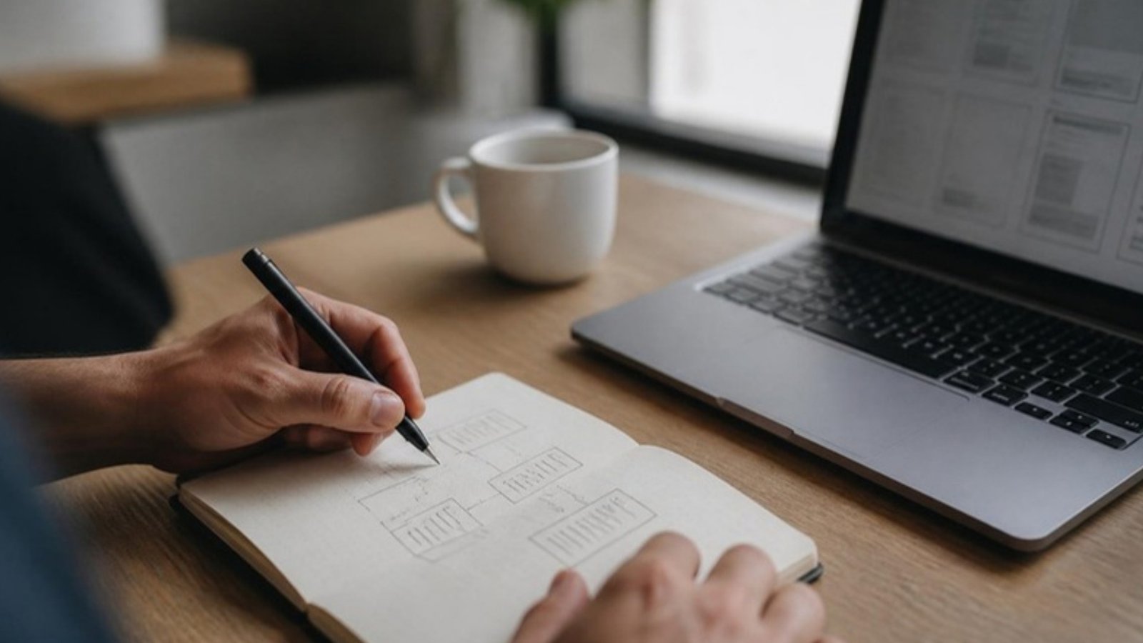 Empreendedor rascunhando o fluxo de um aplicativo em um caderno, com notebook aberto ao lado