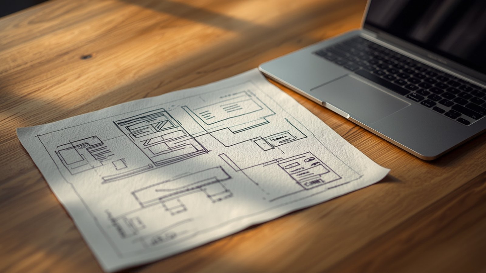 Protótipo de tela de aplicativo desenhado à mão sobre uma mesa, ao lado de notebook