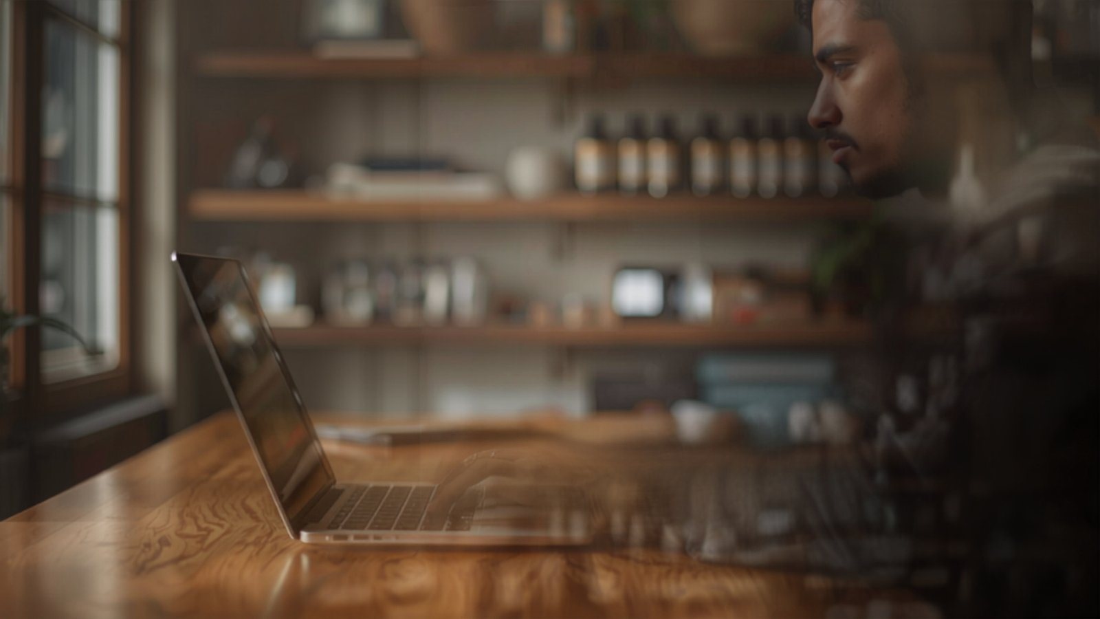 Dono de pequeno negócio digitando no laptop dentro da própria loja